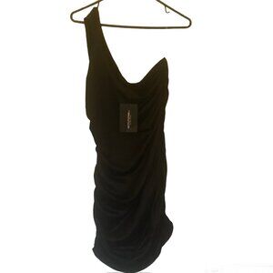 NWT Pretty LIttle Thing one shoulder ruched black dress sz 10